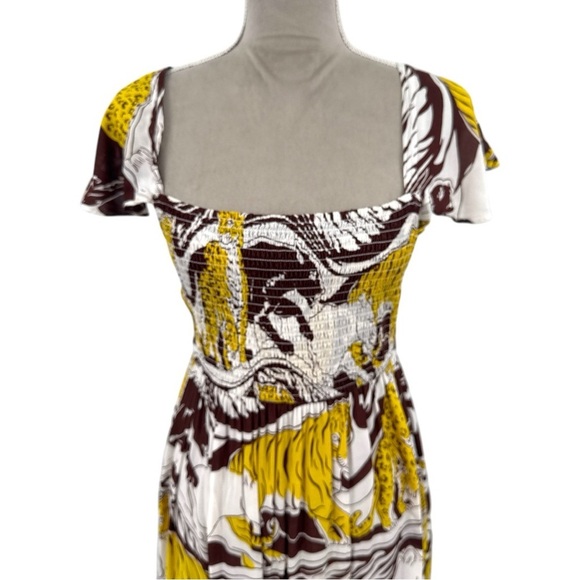 Anthropologie Short Sleeve Ruffled Smocked Maxi Dress Brown Panther Print Small - Picture 5 of 11